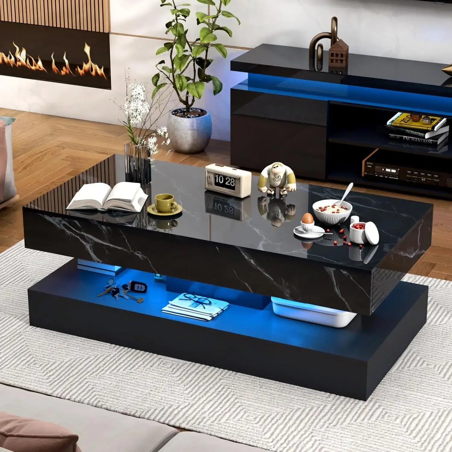 Modern Stylish Coffee Table with LED lights, Double-Layer Design for Living Room Coffee Table with 2 Storage Drawers Jonine&