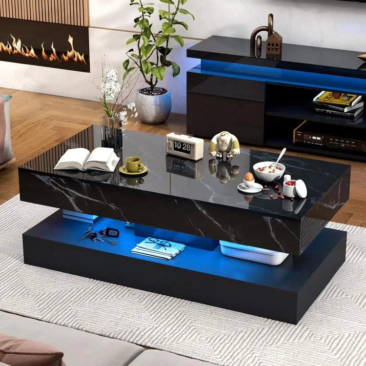 Modern Stylish Coffee Table with LED lights, Double-Layer Design for Living Room Coffee Table with 2 Storage Drawers Jonine&