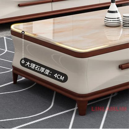 Marble & Wood Living Room Furniture Set — Coffee Table, TV Stand & Side Cabinets