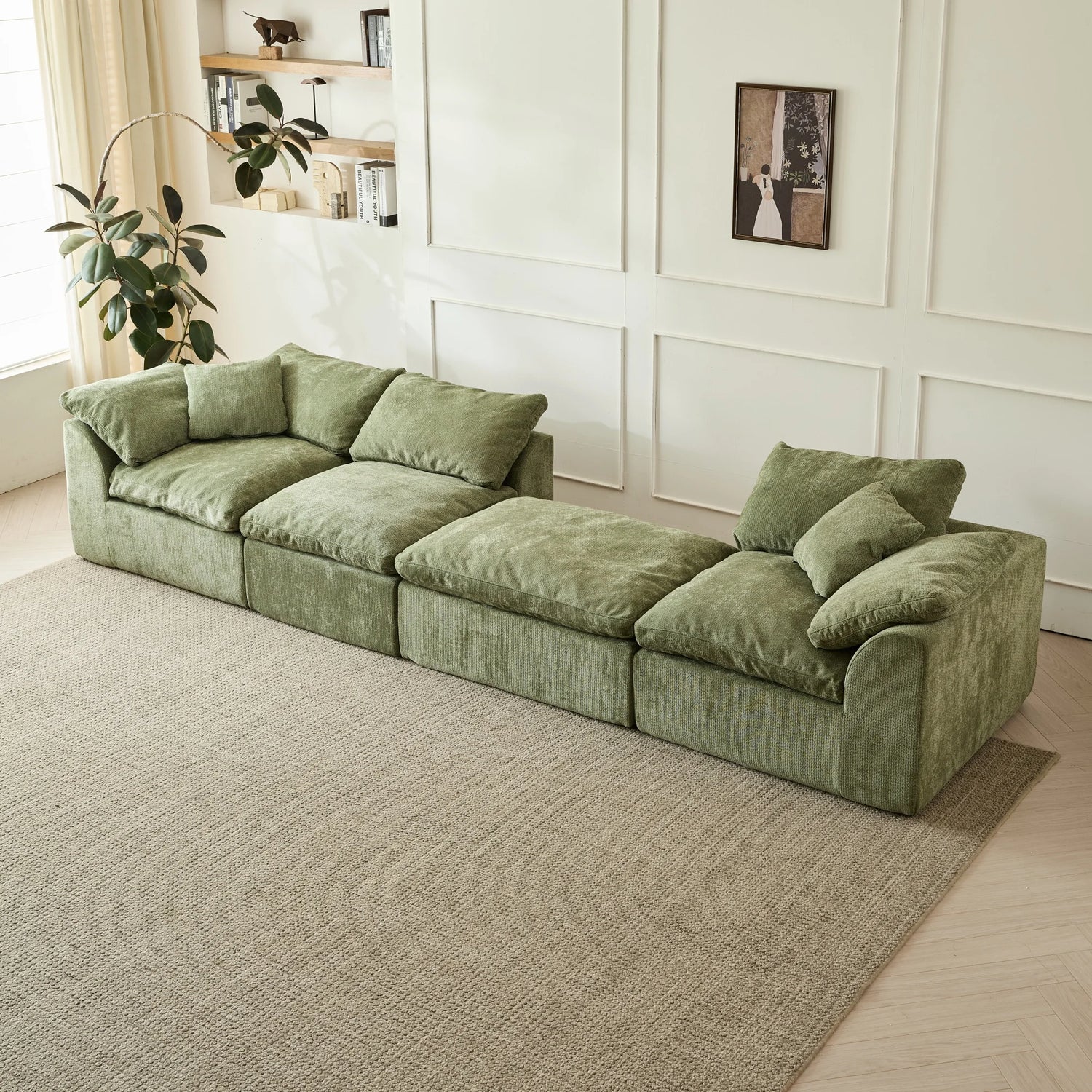 Modern Cloud L-Shaped Sectional Sofa with Ottoman — Oversized Deep Seat, Chenille Fabric