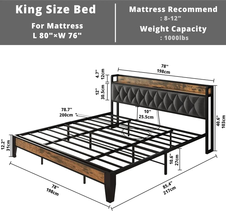 ANCTOR Twin/TwinXL/Full/Queen/King/CaliforniaKing Bed Frames, Storage Headboard with Outlets, No Noise, No Box Springs Needed Jonine&