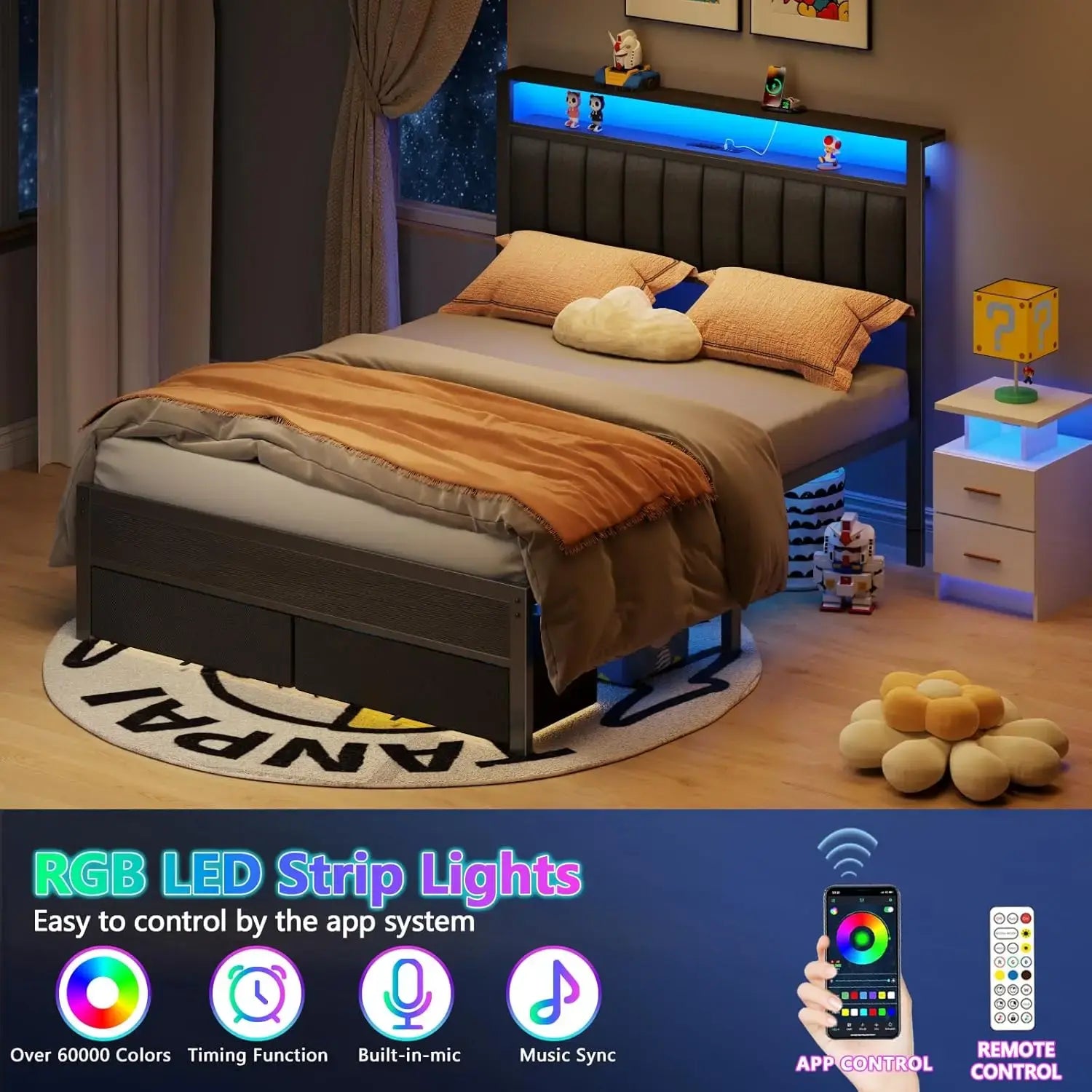 Queen Bed Frame with Charging Station and LED Lights, Grey Upholstered Headboard with Shelves, Metal Platform Bed, Customized Jonine&