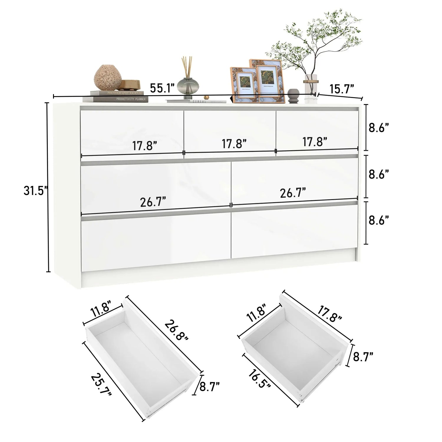 7 Drawer Dresser for Bedroom, 55 Inch Modern Dresser with High Gloss Drawers, Large Wood Chest of Drawer, White/Black Jonine&