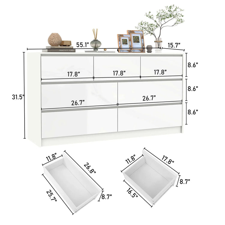 7 Drawer Dresser for Bedroom, 55 Inch Modern Dresser with High Gloss Drawers, Large Wood Chest of Drawer, White/Black Jonine&