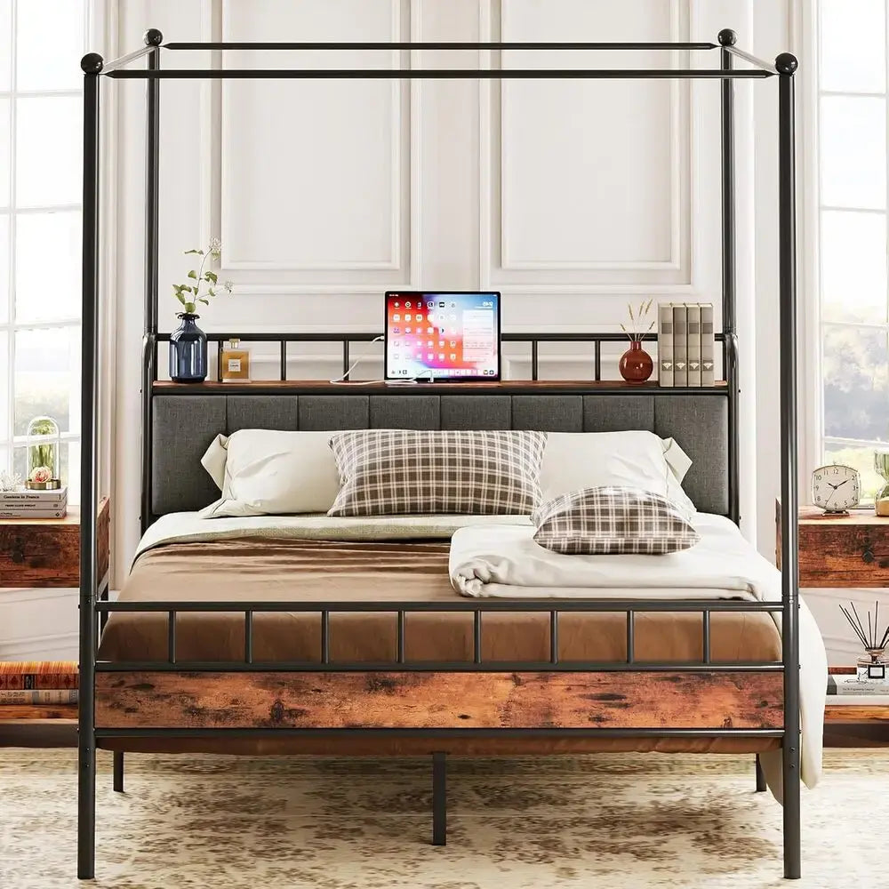 LIKIMIO Canopy Bed Frame Queen, Storage Headboard with Charging Station, Platform Bed with 4 Removable Sturdy Posts, Noise Free Jonine&