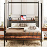 LIKIMIO Canopy Bed Frame Queen, Storage Headboard with Charging Station, Platform Bed with 4 Removable Sturdy Posts, Noise Free Jonine&