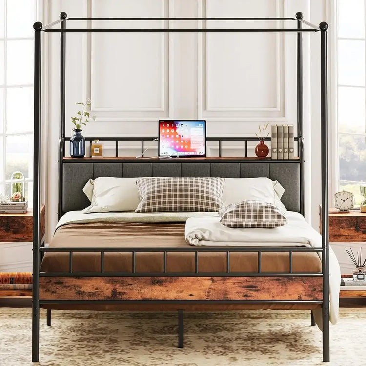 LIKIMIO Canopy Bed Frame Queen, Storage Headboard with Charging Station, Platform Bed with 4 Removable Sturdy Posts, Noise Free Jonine&