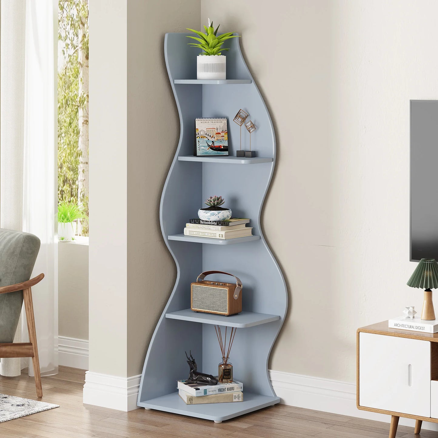 The Corner That Finally Does Something — Tribesigns 5-Tier Wall Corner Bookshelf & Plant Stand