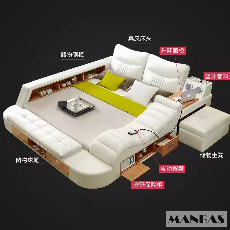 Modern All in One Smart Bed Frame, Multi-Functional Upholstered Platform Bed with Drawers, LED Lighting, Bluetooth Speaker & USB