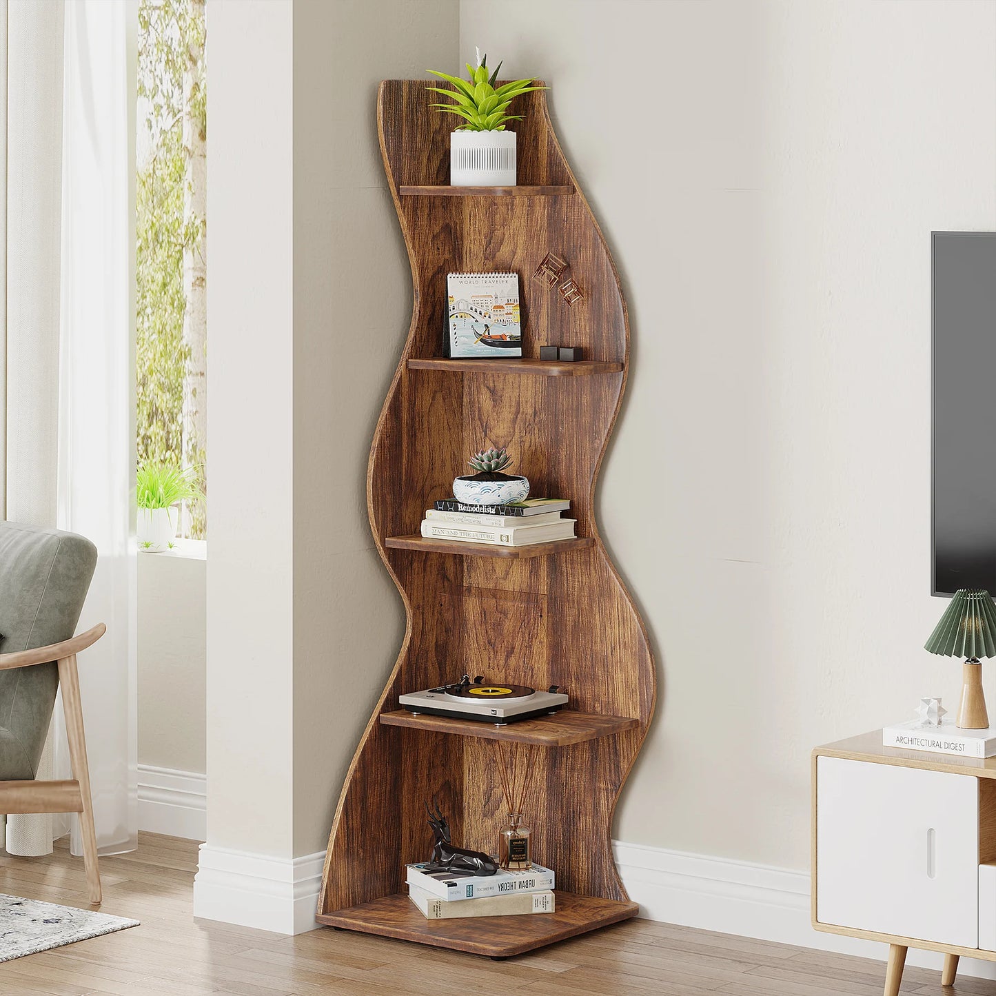 The Corner That Finally Does Something — Tribesigns 5-Tier Wall Corner Bookshelf & Plant Stand