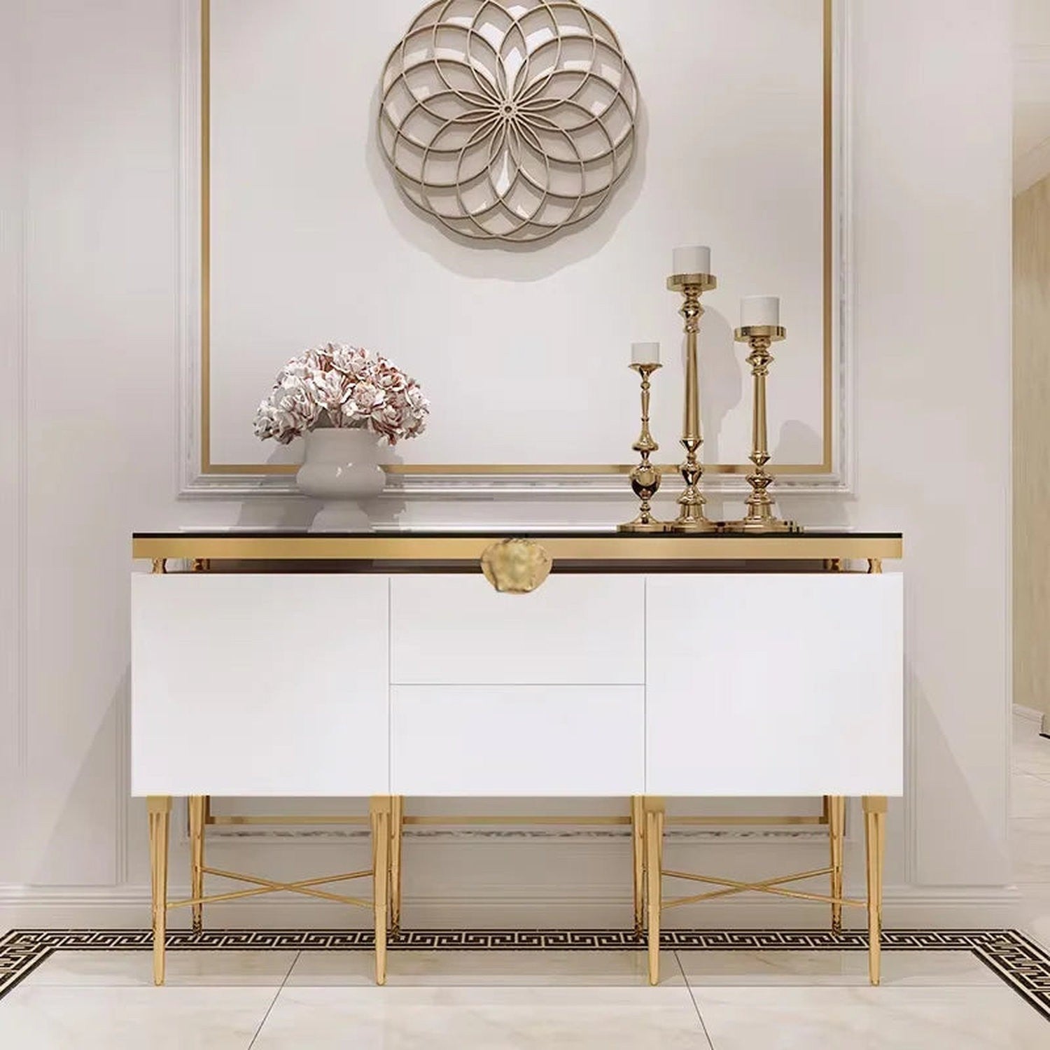 Modern Glass &amp; Steel Sideboard Cabinet