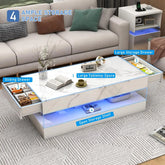 Modern Stylish Coffee Table with LED lights, Double-Layer Design for Living Room Coffee Table with 2 Storage Drawers Jonine&