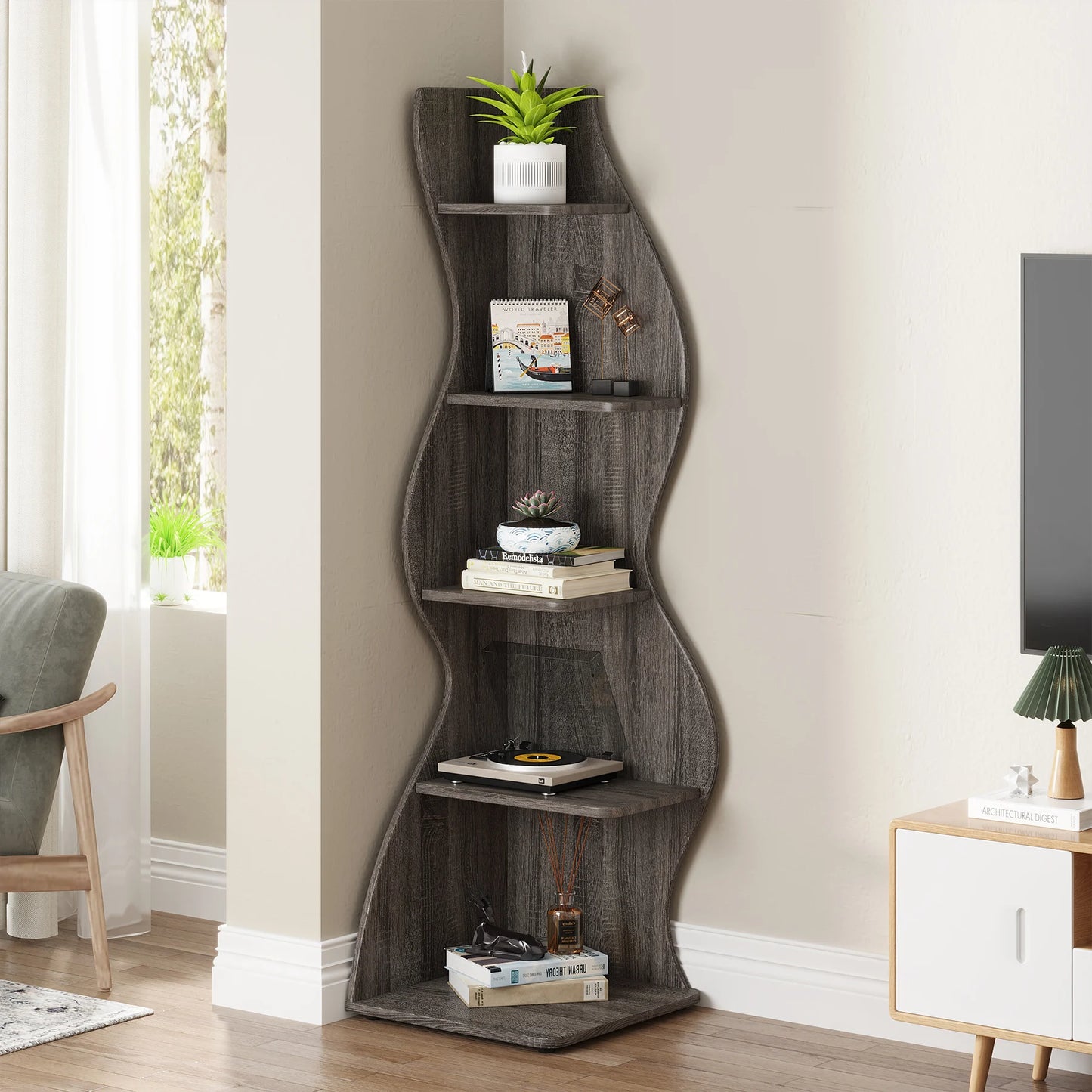 The Corner That Finally Does Something — Tribesigns 5-Tier Wall Corner Bookshelf & Plant Stand