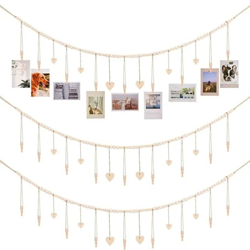Boho Hanging Photo Display with Wooden Bead Garland — Wall Collage for Bedroom & Office