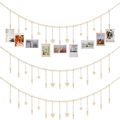 Boho Hanging Photo Display with Wooden Bead Garland — Wall Collage for Bedroom & Office