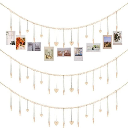 Boho Hanging Photo Display with Wooden Bead Garland — Wall Collage for Bedroom &amp; Office