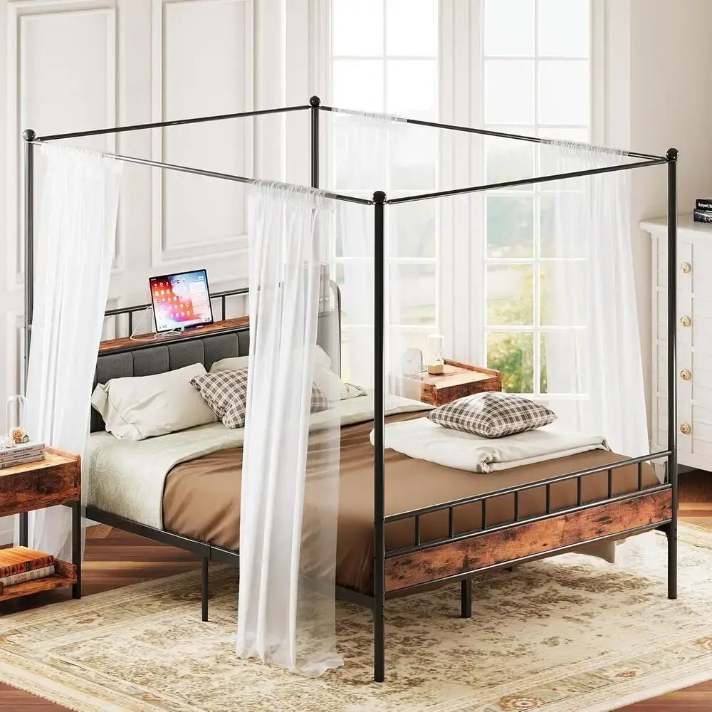 LIKIMIO Canopy Bed Frame Queen, Storage Headboard with Charging Station, Platform Bed with 4 Removable Sturdy Posts, Noise Free Jonine&