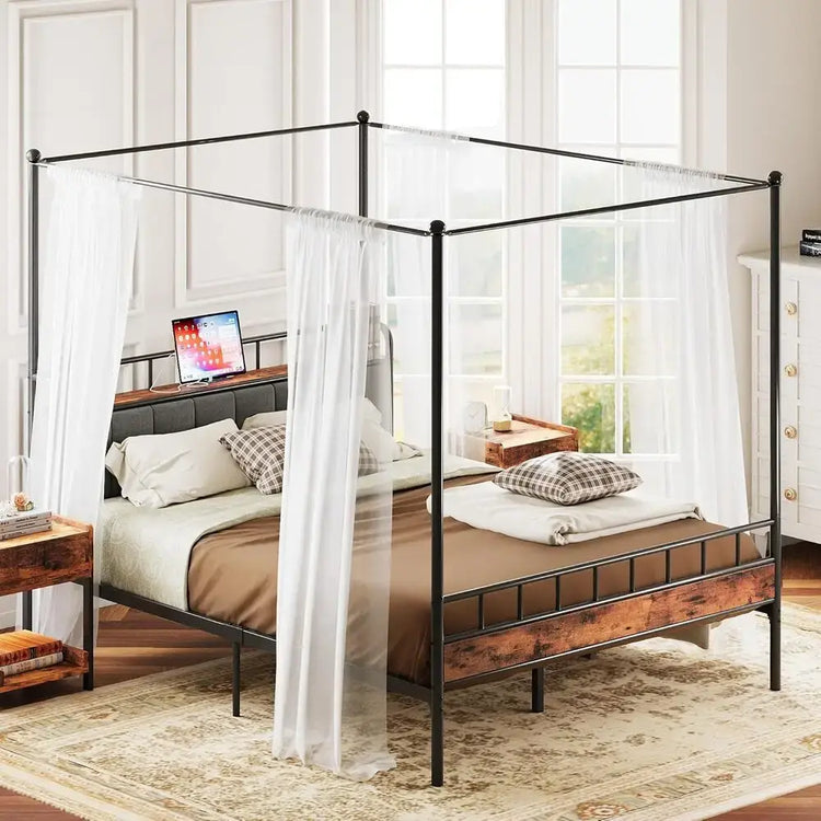 LIKIMIO Canopy Bed Frame Queen, Storage Headboard with Charging Station, Platform Bed with 4 Removable Sturdy Posts, Noise Free Jonine&