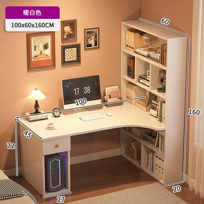 L-Shaped Corner Desk with Bookshelf — Dual Monitor & Home Office