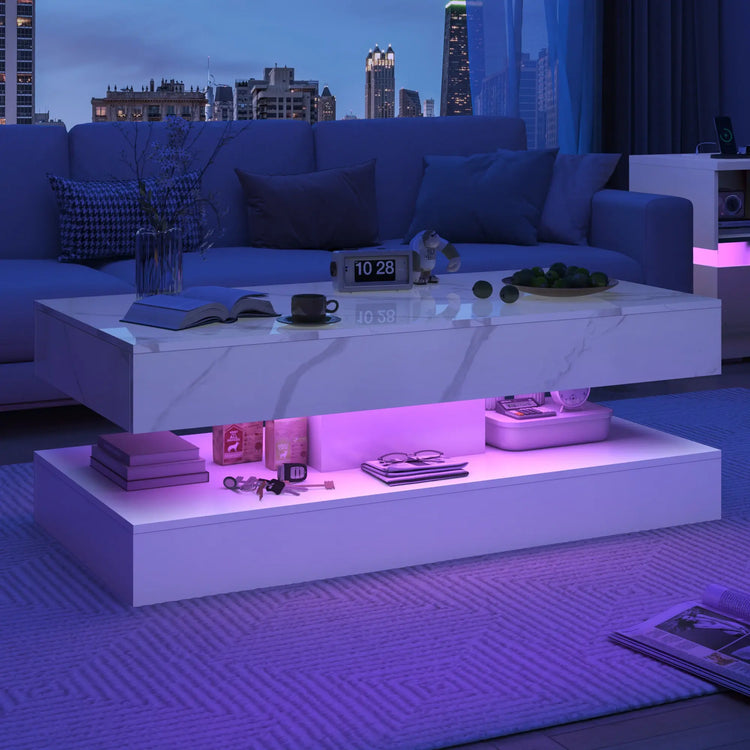 Modern Stylish Coffee Table with LED lights, Double-Layer Design for Living Room Coffee Table with 2 Storage Drawers Jonine&