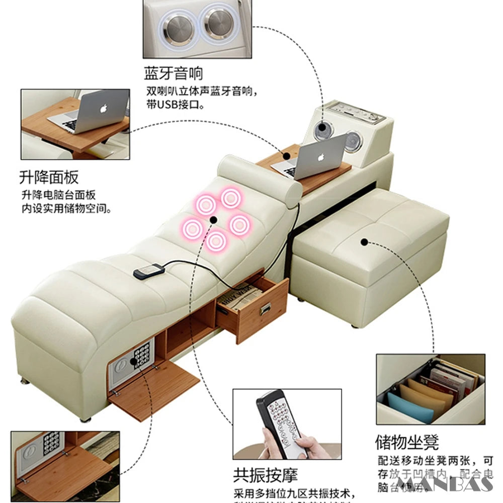 Modern All in One Smart Bed Frame, Multi-Functional Upholstered Platform Bed with Drawers, LED Lighting, Bluetooth Speaker & USB