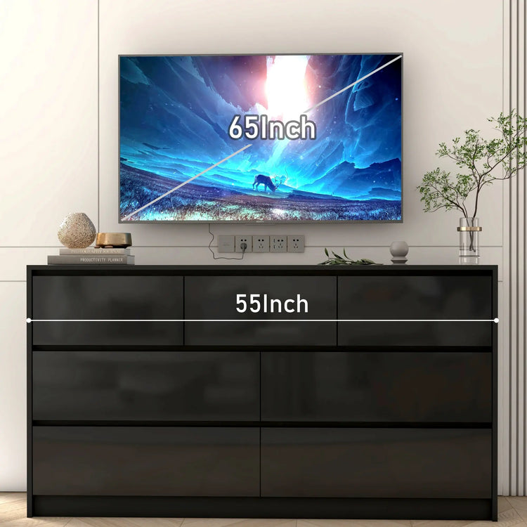 7 Drawer Dresser for Bedroom, 55 Inch Modern Dresser with High Gloss Drawers, Large Wood Chest of Drawer, White/Black Jonine&