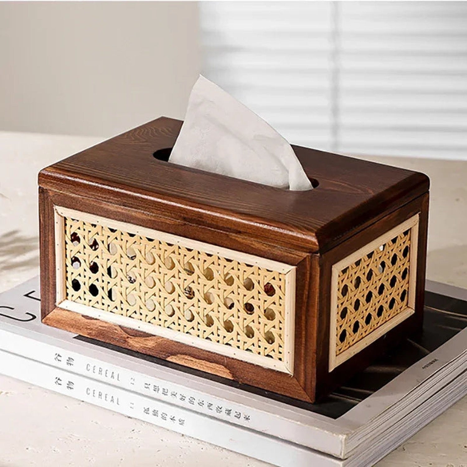 Rattan &amp; Wood Tissue Box