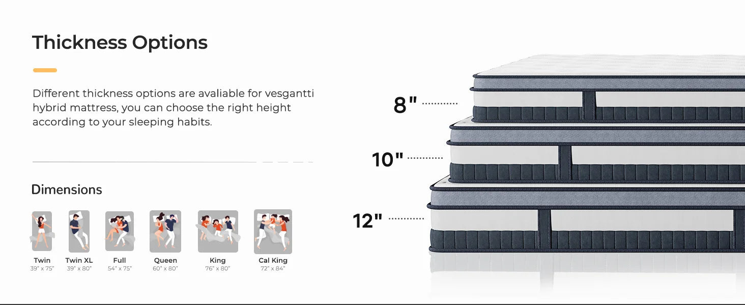 Vesgantti 12 Inch Innerspring Multilayer Hybrid Mattress with Memory Foam and Pocket Spring Mattress Medium Firm Feel