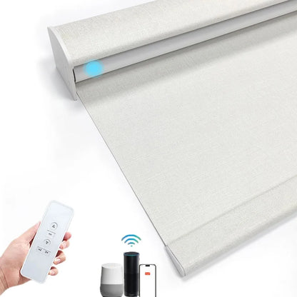 Smart blackout roller shade covering a window in a bright modern room
