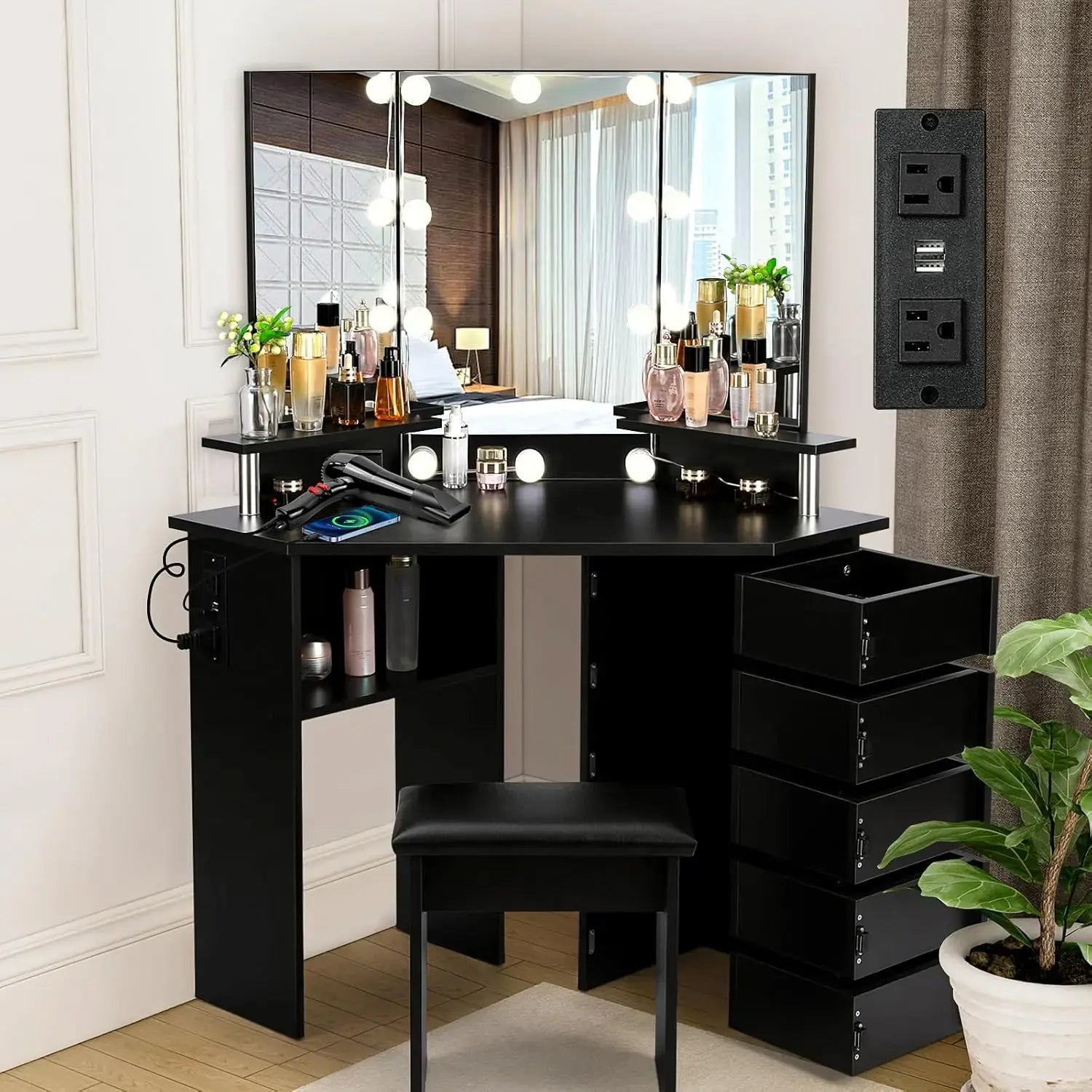 Vanity with Lights - Makeup Vanity Desk with Power Outlet, 3 Color Lighting Options Brightness Adjustable, Vanity, Customized Jonine&