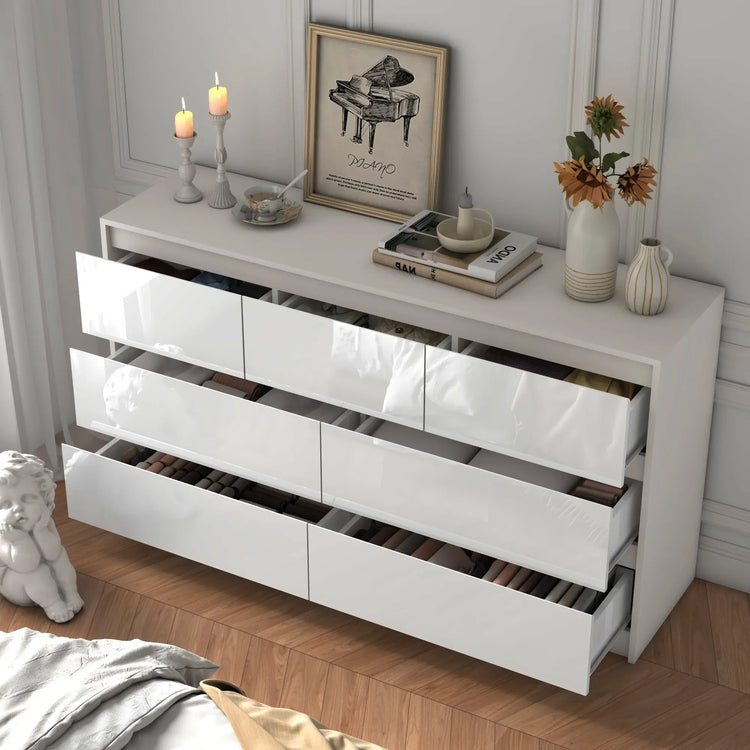 7 Drawer Dresser for Bedroom, 55 Inch Modern Dresser with High Gloss Drawers, Large Wood Chest of Drawer, White/Black Jonine&