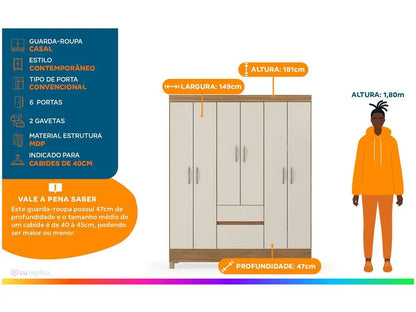 Every Outfit Has a Home — 6-Door Wardrobe with 2 Drawers & Spacious Bedroom Storage