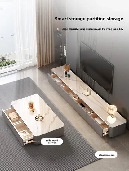 Nordic Clear Designer Coffee Table — Minimalist Living Room Décor featuring a sleek design with a solid wood drawer and silent guide rail for smart, spacious storage in a modern living room setting.