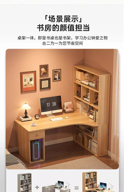 L-Shaped Corner Desk with Bookshelf — Dual Monitor & Home Office