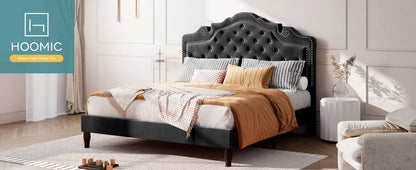 HOOMIC Full/Queen/King Size Velvet Bed Frame with Adjustable Tiara Headboard, Diamond Tufted Upholstered Platform Bed