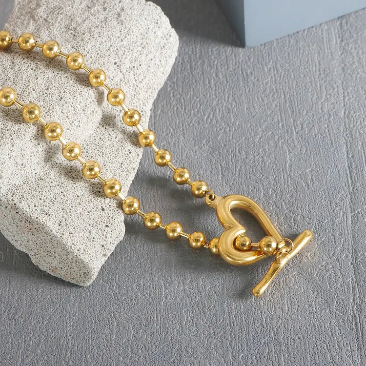 Gold Heart Toggle Necklace — Beaded Chain Gift for Her
