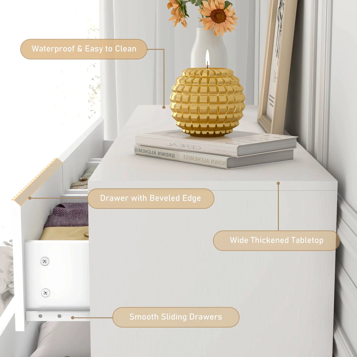 7 Drawer Dresser for Bedroom, 55 Inch Modern Dresser with High Gloss Drawers, Large Wood Chest of Drawer, White/Black Jonine&