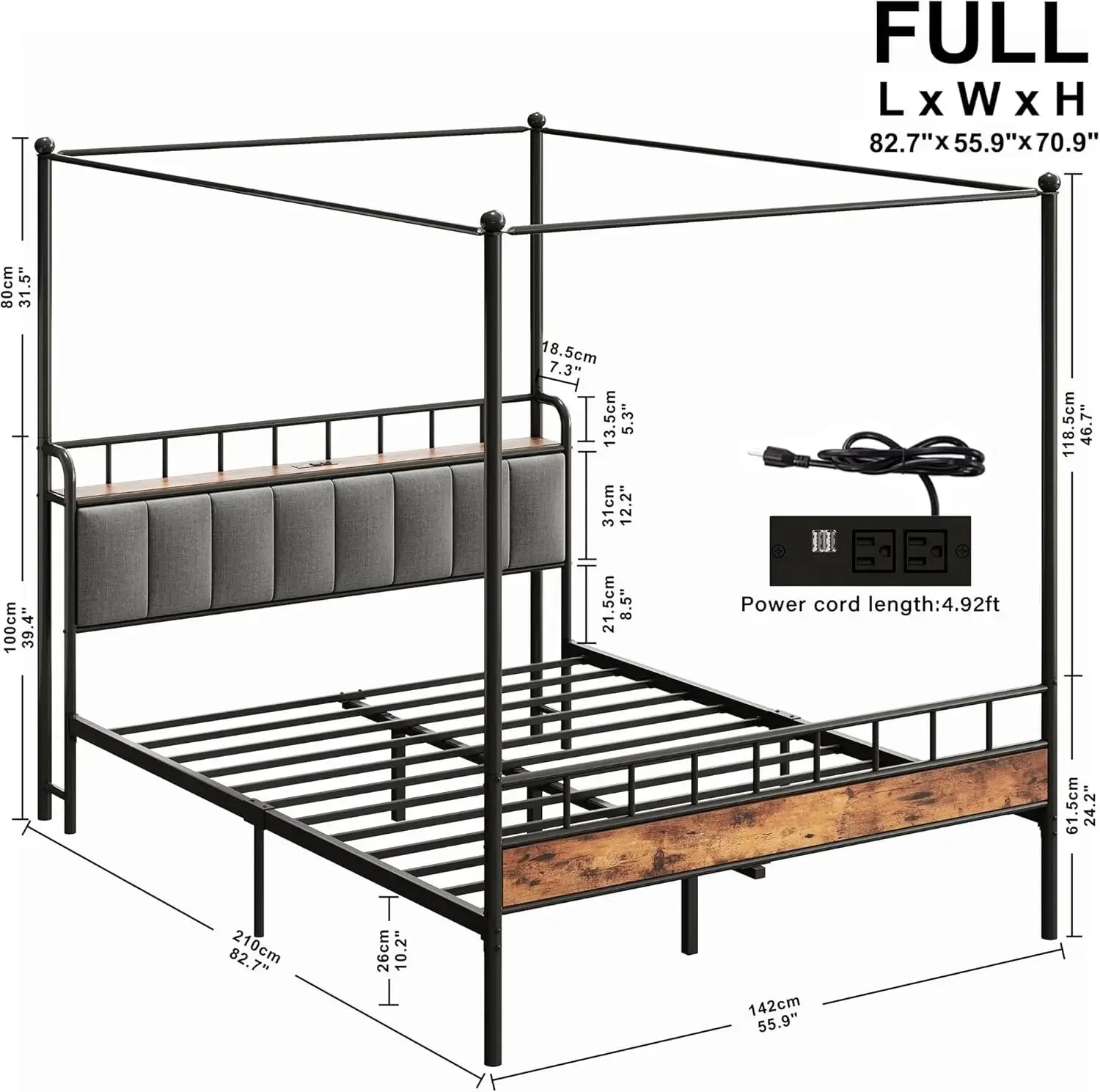 LIKIMIO Canopy Bed Frame Queen, Storage Headboard with Charging Station, Platform Bed with 4 Removable Sturdy Posts, Noise Free Jonine&