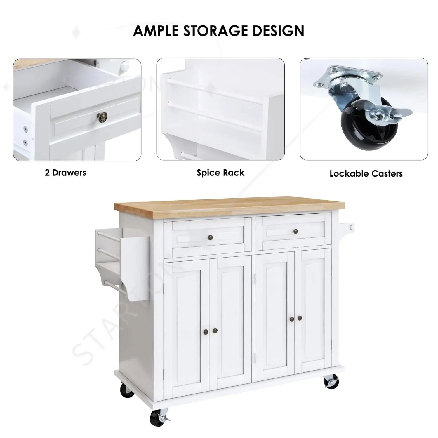 Rolling Kitchen Island Cart with Storage Cabinets &amp; 2 Drawers — Farmhouse Style Jonine&