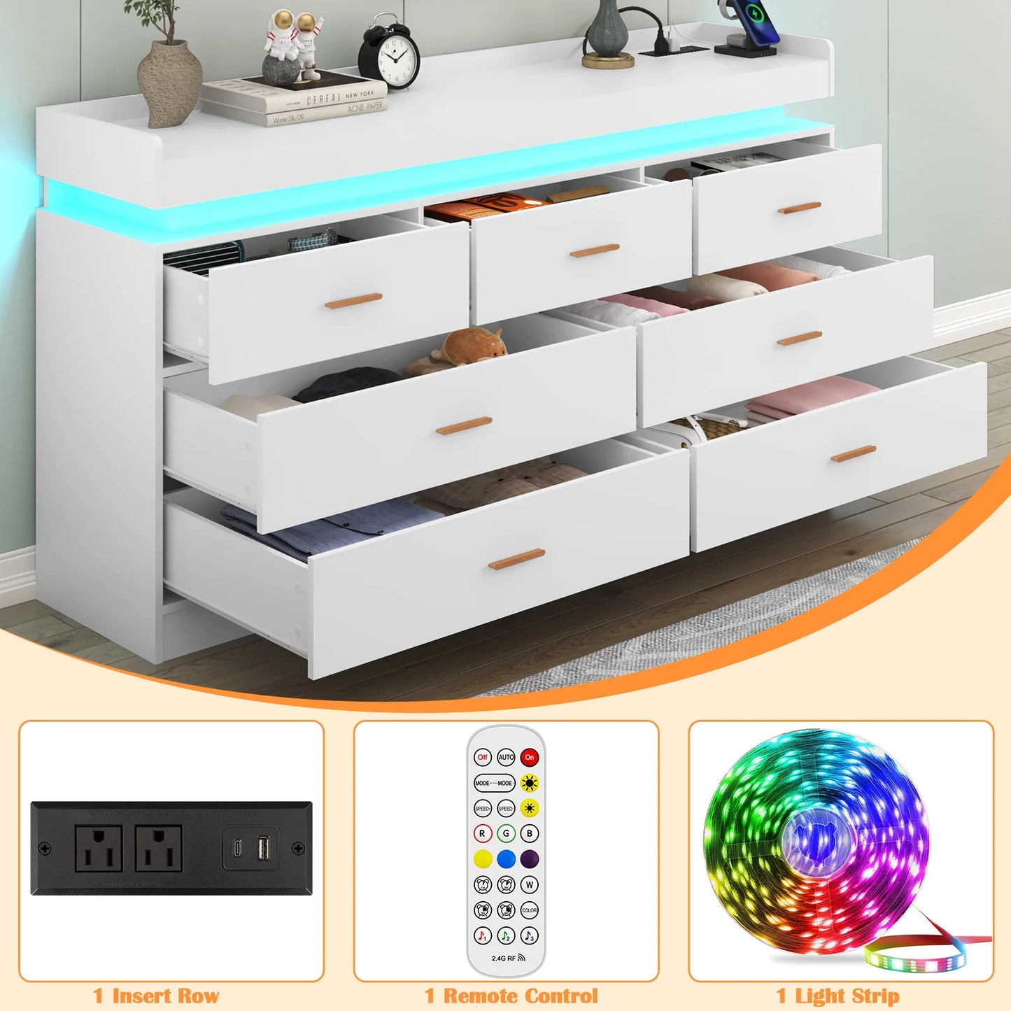 7 Drawer Dresser with LED Light and Charging Station, Modern Chest of Drawers for Closet, Wide Drawer Organizer Cabinet for Bedr