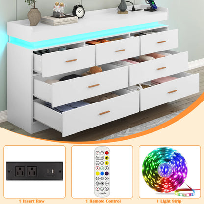 7 Drawer Dresser with LED Light and Charging Station, Modern Chest of Drawers for Closet, Wide Drawer Organizer Cabinet for Bedr