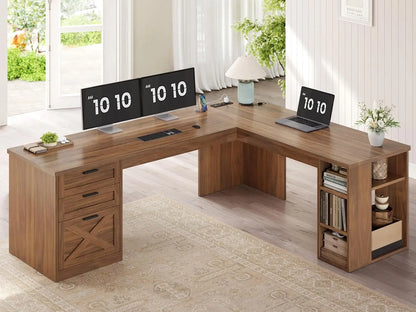 Farmhouse 67" L-Shaped Desk with 3 Drawers & Storage Shelves
