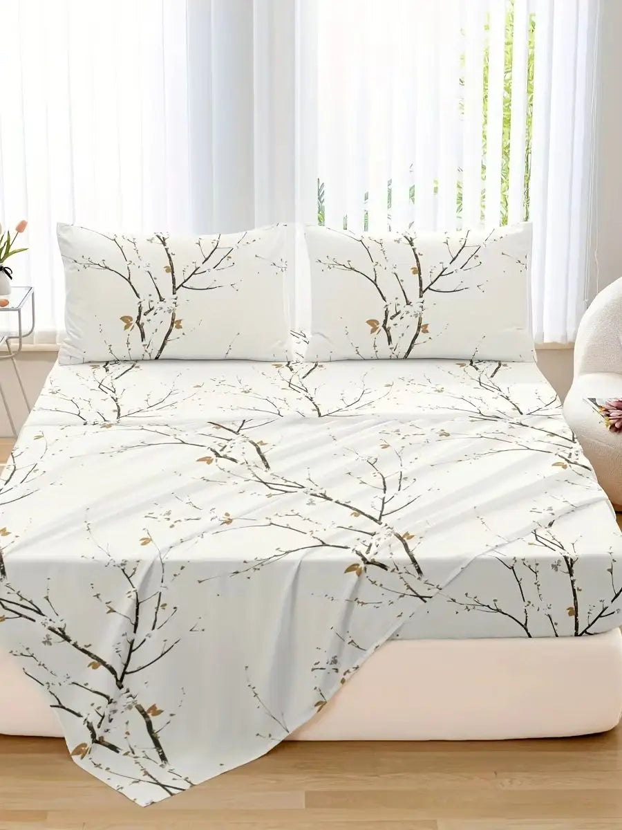 Dolin Plum Blossom Print Bedding Set (1 Fitted Sheet, 1 Flat Sheet, 2 Pillowcases) Ultra-Soft Breathable Fabric, Skin-Friendly, Comfortable, Breathable, Machine Washable, Suitable for All Seasons, Elegant and Exquisite, Ideal Jonine&