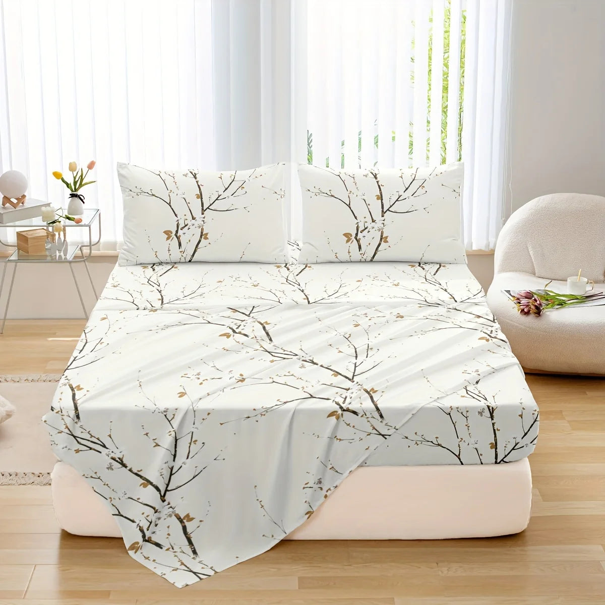Dolin Plum Blossom Print Bedding Set (1 Fitted Sheet, 1 Flat Sheet, 2 Pillowcases) Ultra-Soft Breathable Fabric, Skin-Friendly, Comfortable, Breathable, Machine Washable, Suitable for All Seasons, Elegant and Exquisite, Ideal Jonine&