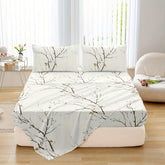 Dolin Plum Blossom Print Bedding Set (1 Fitted Sheet, 1 Flat Sheet, 2 Pillowcases) Ultra-Soft Breathable Fabric, Skin-Friendly, Comfortable, Breathable, Machine Washable, Suitable for All Seasons, Elegant and Exquisite, Ideal Jonine&
