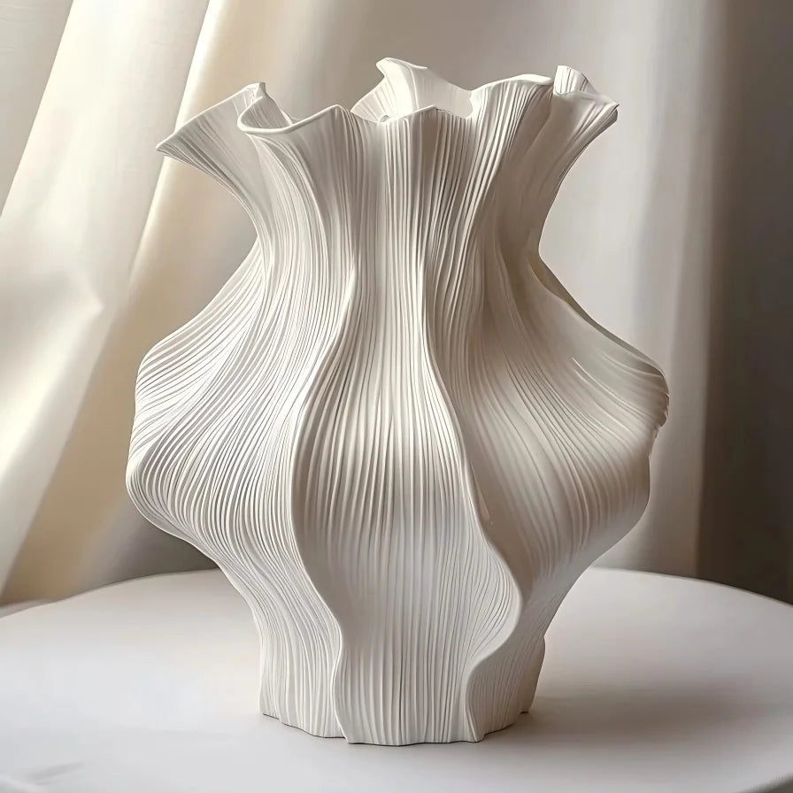 Nordic Minimalist White Textured Ceramic Vase 3D Wave Pattern Tabletop Decor Flower Vase for Living Room Bedroom Dried Flowers Jonine’s Corner