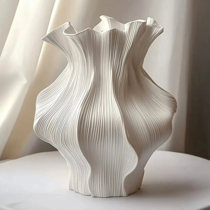 Nordic Minimalist White Textured Ceramic Vase 3D Wave Pattern Tabletop Decor Flower Vase for Living Room Bedroom Dried Flowers Jonine’s Corner