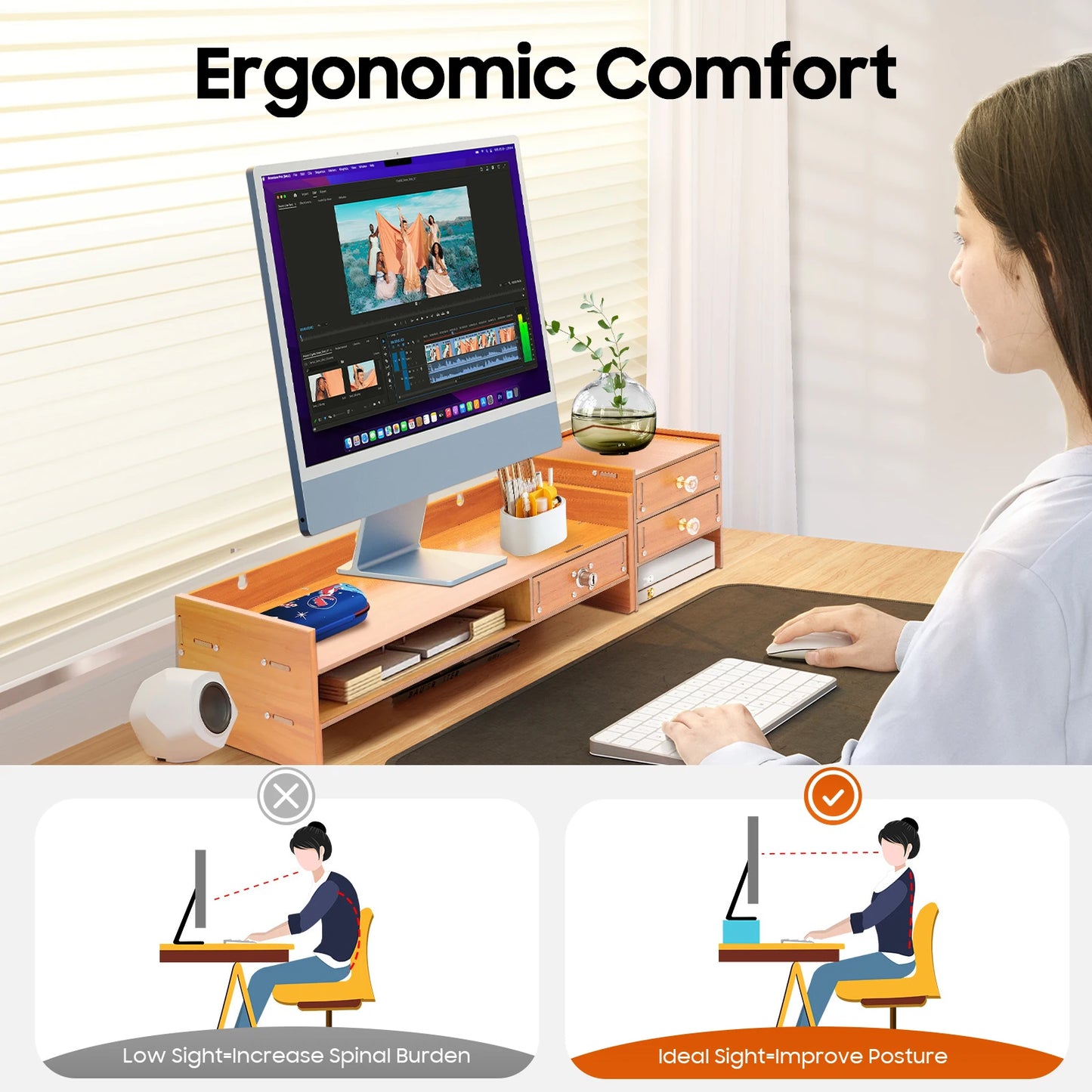 Lift, Store, Organise — Monitor Stand with Drawers, Key Hook & Phone Holder