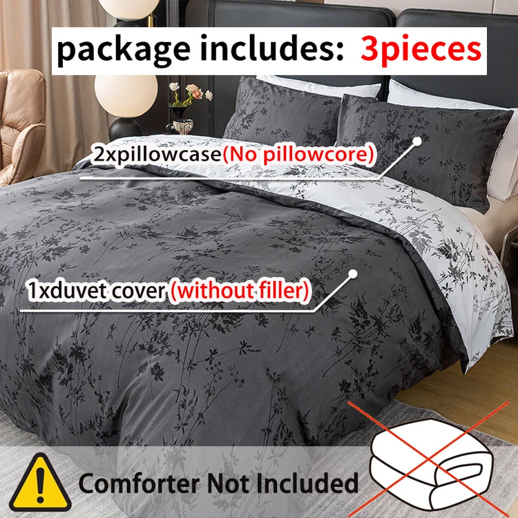 Black and White Plant Print Three-Piece Quilt Cover Set (1 Quilt Cover + 2 Pillowcases) Ultra-Soft Breathable Fabric, Skin-Friendly, Comfortable, Breathable, Machine Washable, Suitable for All Seasons, Elegant and Exquisite, Jonine&