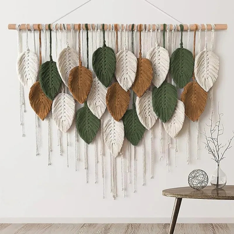 Boho Home Decoration, Macrame Tapestry Macrame Leaf Feather Wall Hanging Decor for Living Room Bedroom, Boho Wall Art Home Decor